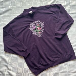 Northern Spirit Vintage Purple Long Sleeve Mockneck Floral Embroidered Top